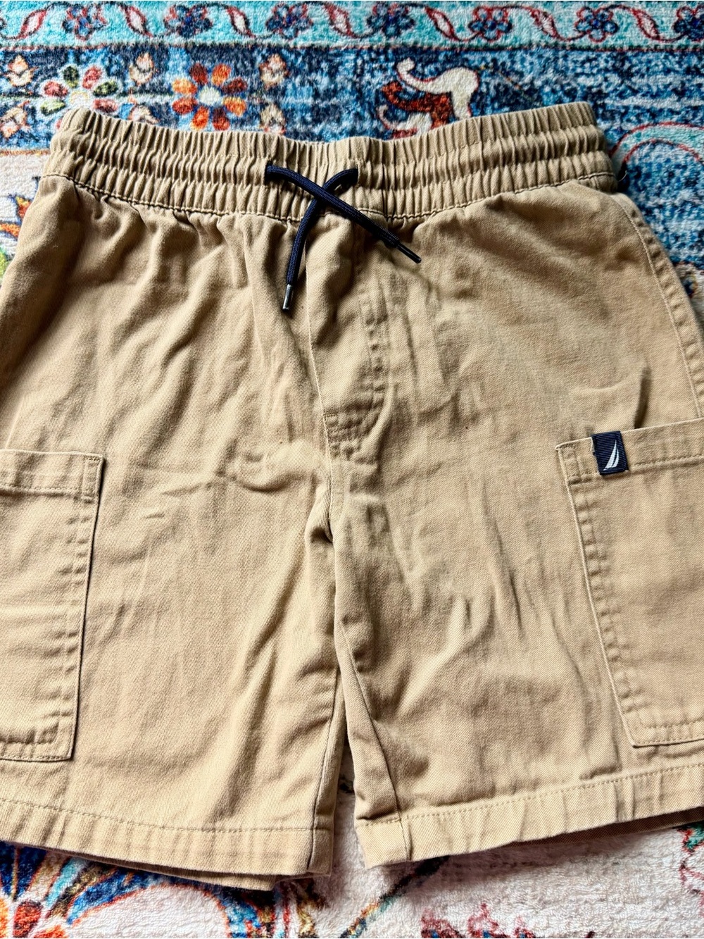 Nautica Kids Khaki Drawstring Cargo Shorts with Navy Tie